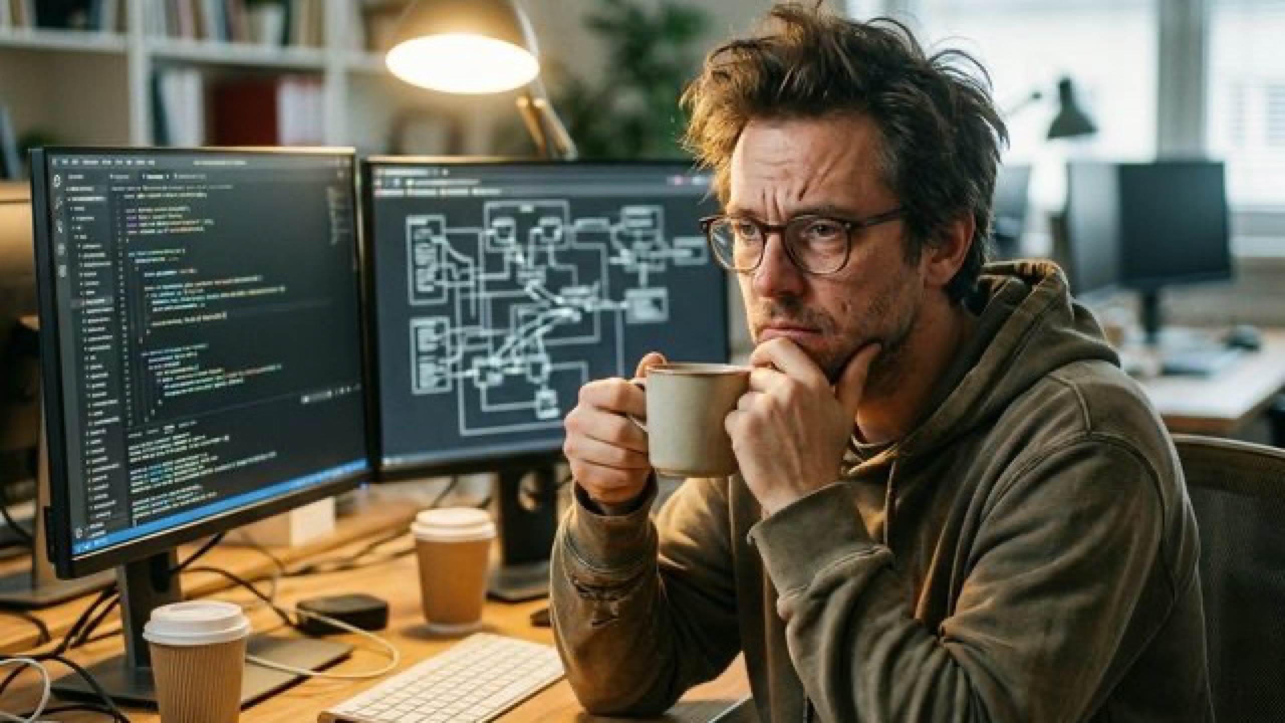 Software engineer reviewing architecture on dual monitors