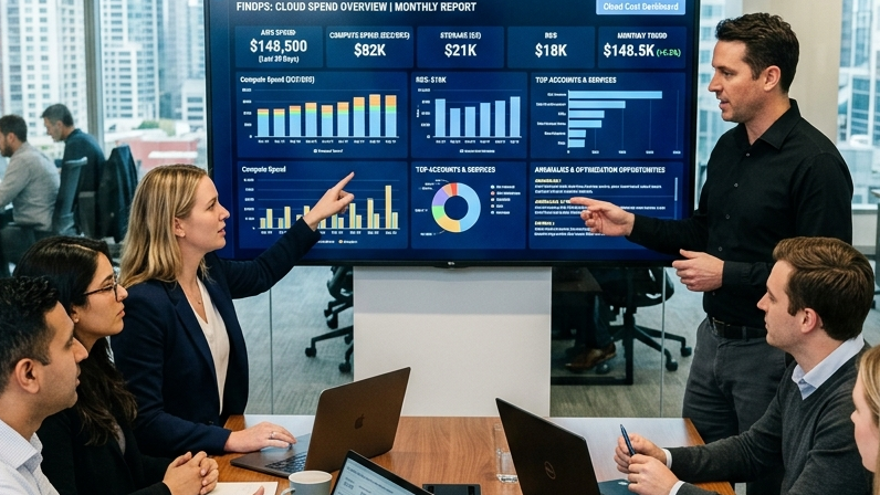 Engineering team reviewing cloud costs in a FinOps review